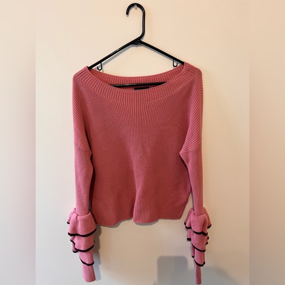 Off the Shoulder Pink Ruffle Sleeves Express Sweater